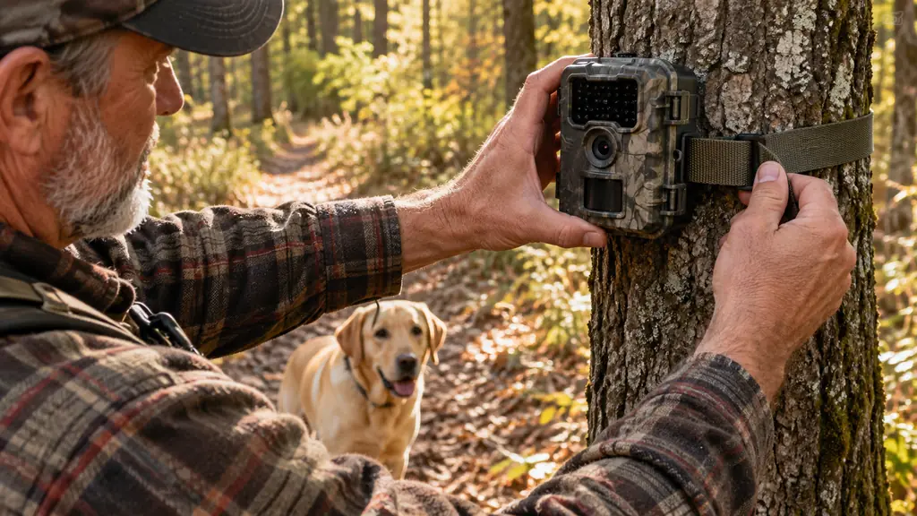 A hand strapping a trail camera to a tree while a large dog watches from the trail below