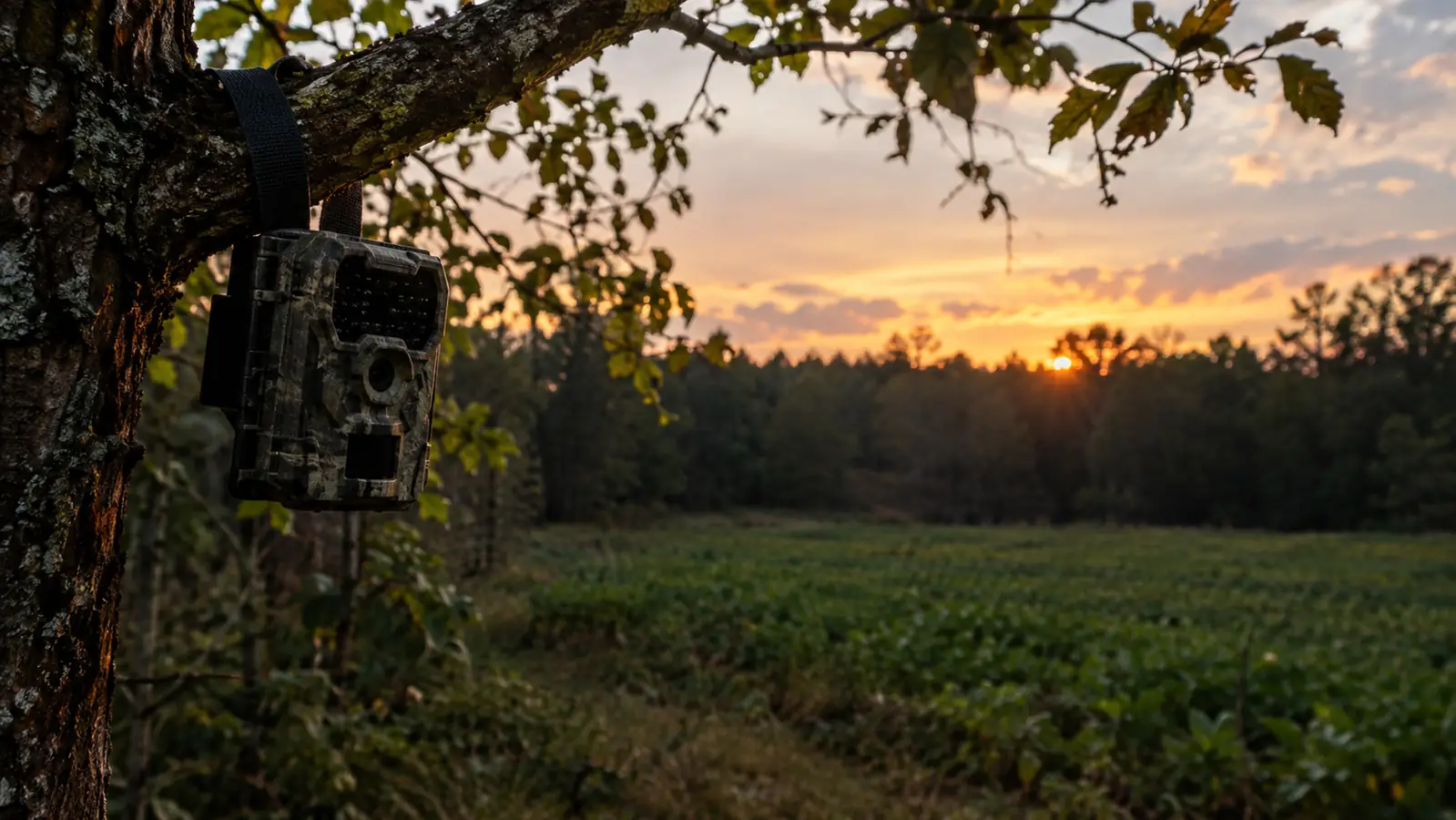 A trail camera hanging from a branch above a food plot at dusk
