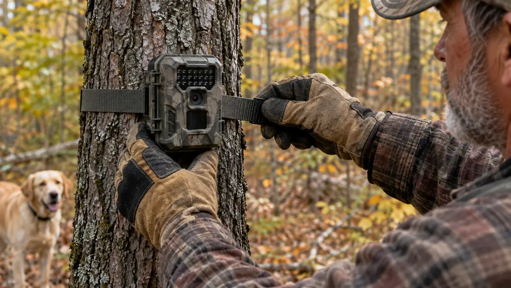 Hands in a work glove securing the trail camera to a tree trunk in fall woods