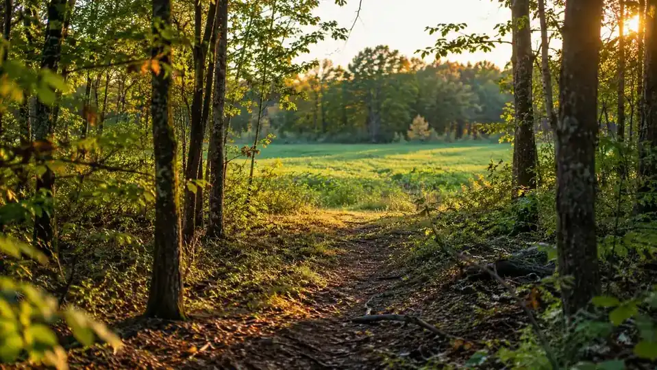 A worn trail through timber with a food plot visible in the distance in late afternoon light
