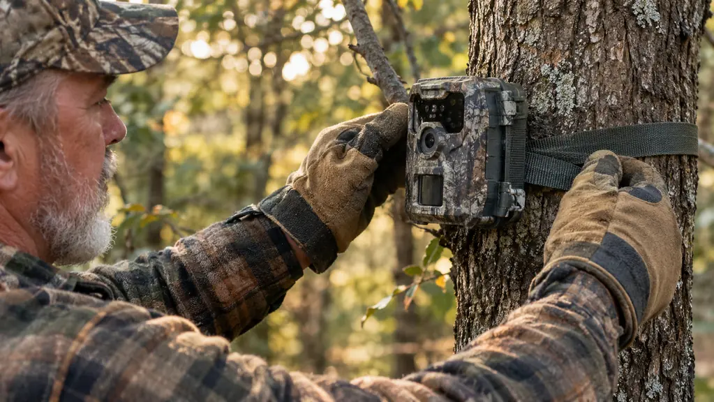 Hands in a work glove fitting a small trail camera onto a tree branch with a nylon strap