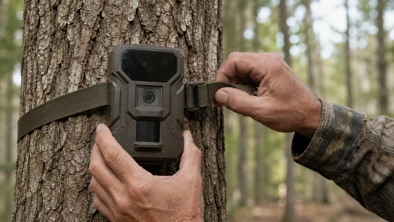 A hand tightening the strap of a trail camera on a tree trunk