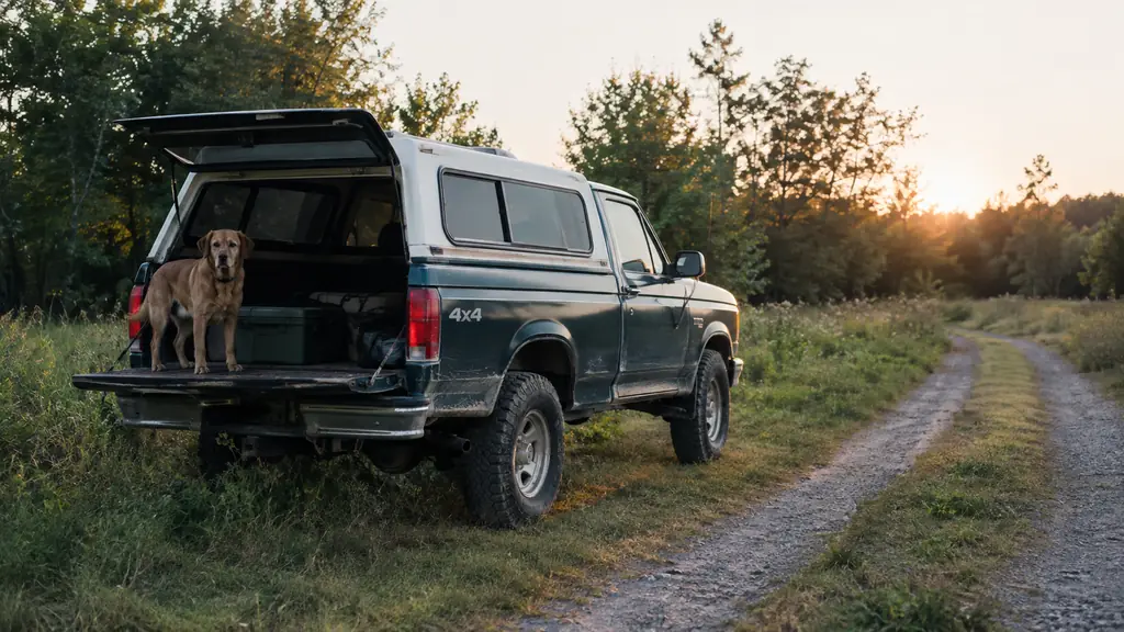 An older pickup truck parked at the edge of a field with a dog waiting by the tailgate
